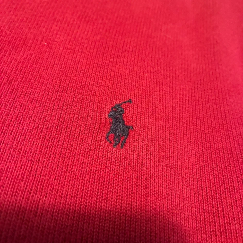 Polo Ralph Lauren Mens Red V-Neck Cotton Knit Sweater Navy Pony Logo Large